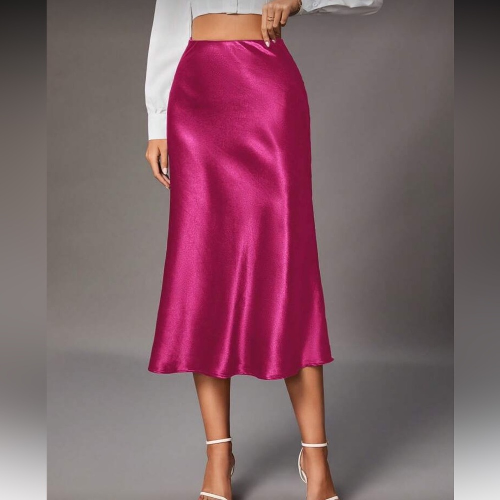 Elegant Fuchsia Satin Midi Skirt